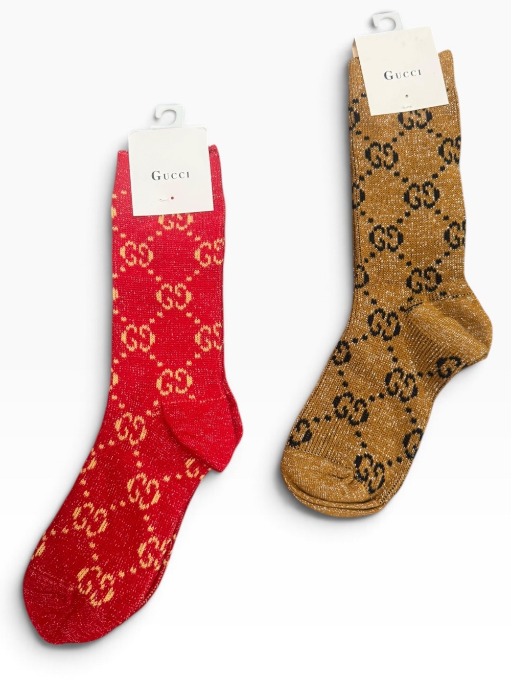 2 Pair Gucci Outlet Red and Gold GG Logo Crew Socks